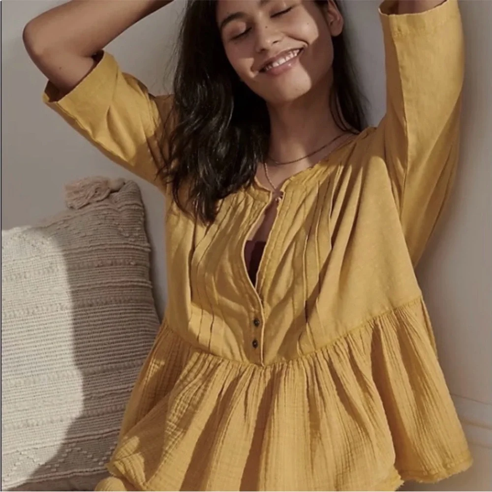 Anthropologie Beverly Mustard Yellow Cotton Gauze Pajama Swing Top New XS Lounge - Picture 3 of 10